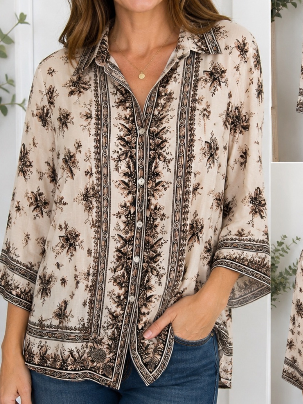 Max Studio London XL Floral Border Print Button Front Boho Blouse Shirt Vacation